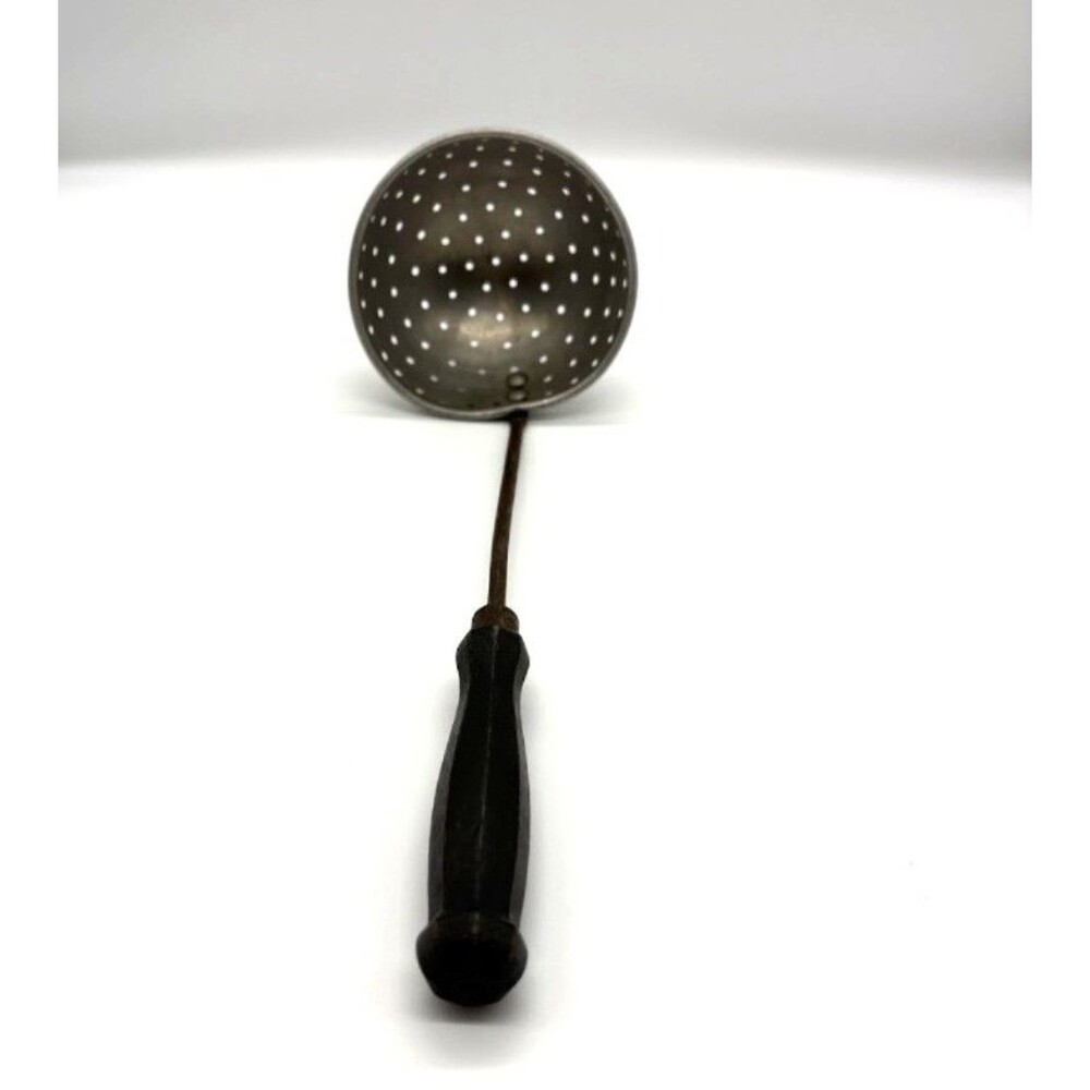 Antique Tin Kitchen Skimmer Strainer Black Wood Handle 13" Primitive Riveted